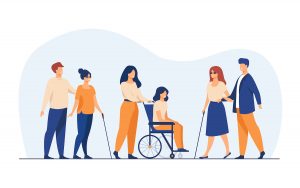 [Para cego ver] Ilustração traz interações entre pessoas com e sem deficiência, aos pares, incluindo duas pessoas cegas e uma cadeirante. A imagem está em tons de azul e amarelo, predominantemente.