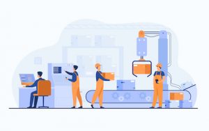 [Pra cego ver] – Ilustração em tons de azul e laranja mostra trabalho mecanizado em fábrica e figuras humanas interagindo com o sistema industrial.