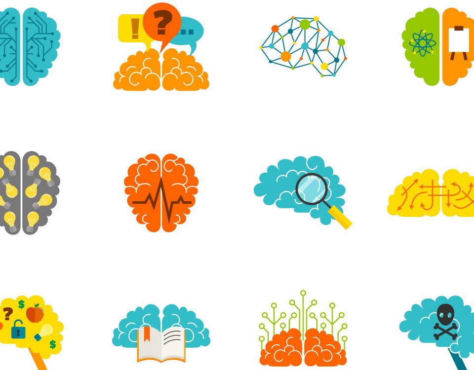 [Pra cego ver] ilustrações multicoloridas representam cérebros humanos em suas diversas atividades
